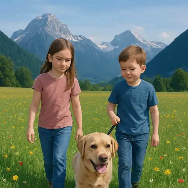 Niño y niña paseando su perro por una pradera florecida.